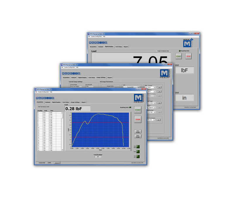 MESUR®gauge and MESUR®gauge Plus expand the functionality of force and torque measuring instruments and test stands. Both programs share the ability to capture and display data in graphical format for load vs. time or load vs. travel vs. time. MESUR®gauge Plus adds the ability to control the motion of Mark-10 motorized test stands, coordinating motion control and data acquisition.