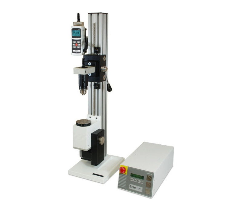 The CAP-TSTM-DC vertical advanced motorized torque test setup, with M5I force/torque indicator and Series R50 torque sensor.