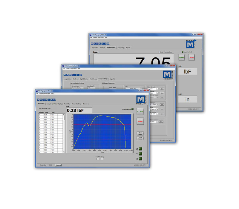 MESUR® gauge is an advanced data collection program designed to interface with Mark-10 gauges and test stands. The program tabulates and plots load vs. time, and provides a number of sophisticated test setup, analysis, and reporting tools.