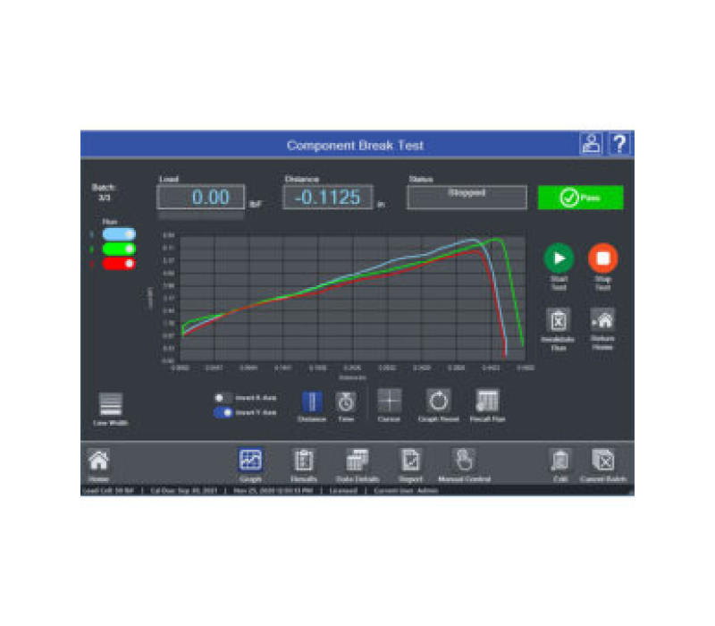 The Graph view plots force vs. distance or force vs. time. Overlay up to 10 runs for visual comparisons.
