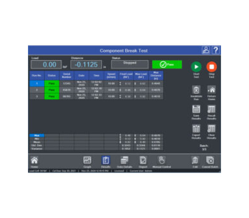 The Results view displays userselected results for each run. Statistics may be applied to selected results.