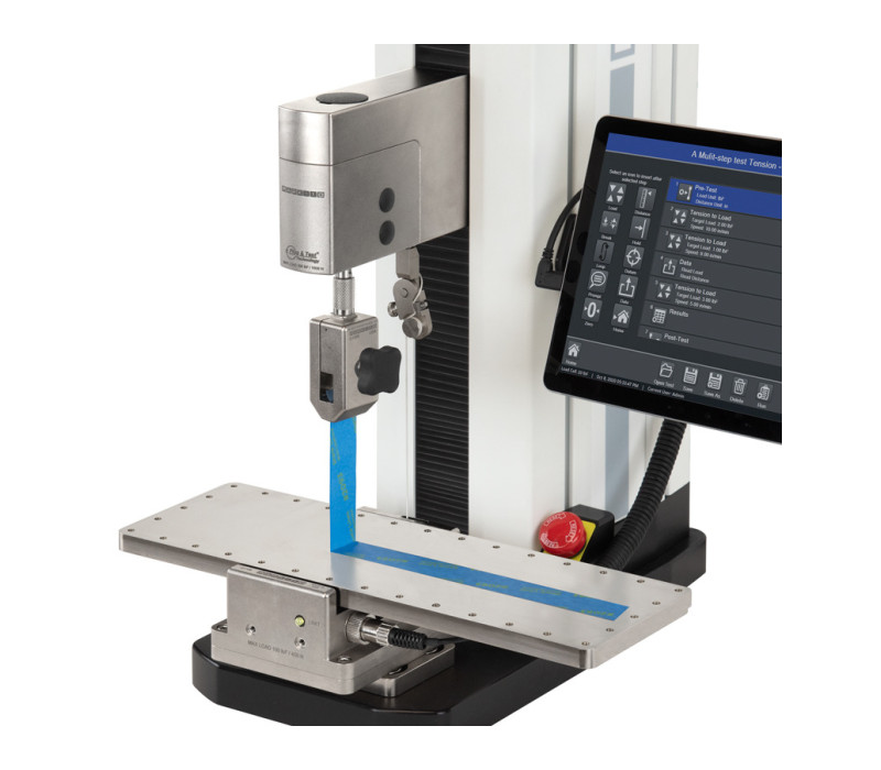 F305 Advanced Test Stand configured for 90° peel test with a G1109 Peel Fixture and G1008 Film & Paper Grip