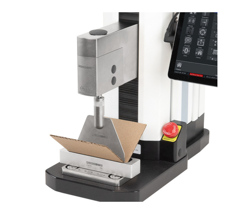 F305 Advanced Test Stand configured for score bend test with a G1071 Score Bend Fixture