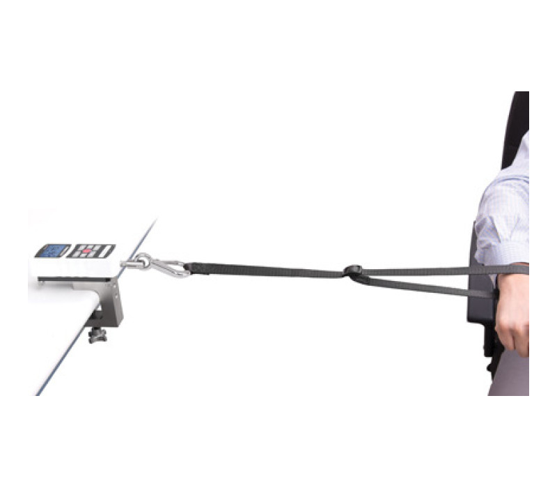 Force gauge mounted on the table top mounting kit with the adjustable length looped strap shown in a horizontal orientation.